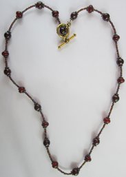 Contemporary Choker Style NECKLACE, Garnet Red Glass Beads, Gold Tone Base Metal Loop & Bar Closure