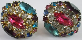 Vintage Pair Screw Earrings, Multicolor Faceted Rhinestones, Cluster Design, Gold Tone Base Metal Settings