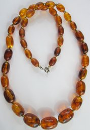 Vintage Single Strand Necklace, Lightweight Amber Color & Gold Tone Beads, Approximately 24' Length, Clasp