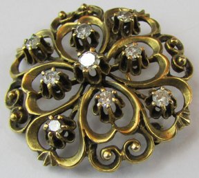 Vintage BROOCH PIN, Starburst Design, Nine 9 Faceted Diamonds, Yellow 14K GOLD Setting