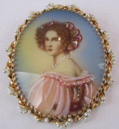 Vintage BROOCH PIN Pendant, Colorful PORTRAIT Design, Seed Pearl Accents, Yellow 14K GOLD Setting