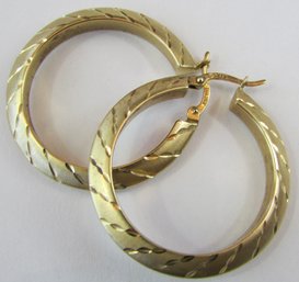 Pair Pierced EARRINGS, Satin Finish HOOP Design, Hinged Post Backings, Yellow 14K Gold Construction