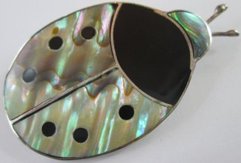 Vintage BROOCH PIN, Lady Bug Design, ABALONE Inserts, Believed To Be Sterling Silver, Made In Mexico