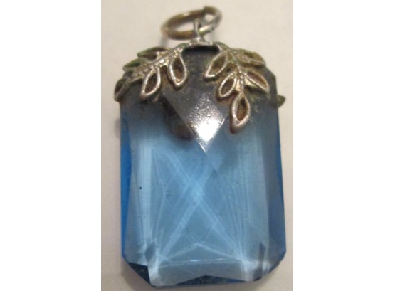 Vintage FACETED PENDANT, BLUE GLASS Insert, Antiqued Silver Tone Base Metal Setting