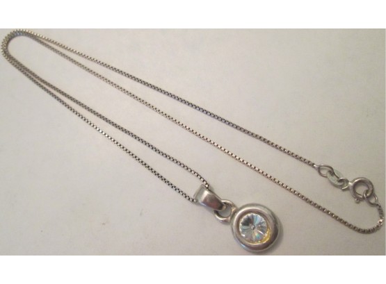 Vintage Modern DROP NECKLACE With Central RHINESTONE, Sterling .925 Silver BOX Chain, Made In ITALY