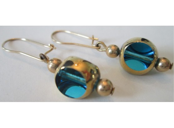 Vintage PAIR Pierced DANGLE EARRINGS, Faceted Turquoise Color Beads, Gold Tone Base Metal Finish