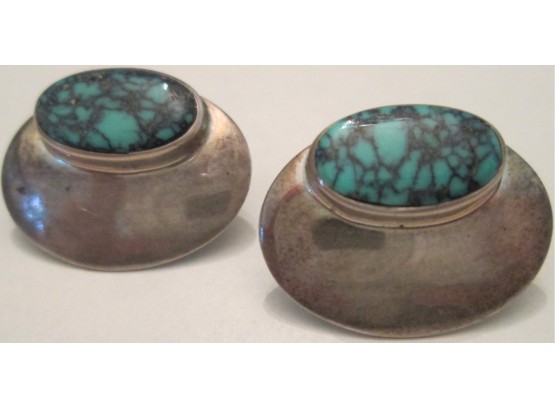 Vintage PAIR Pierced EARRINGS, Oval Turquoise Cabochons, Sterling .925 Silver Setting