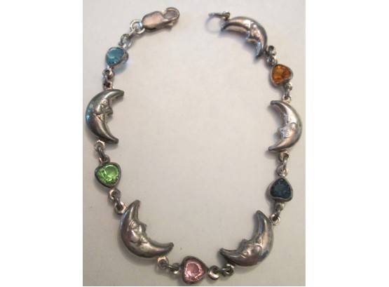 Vintage Chain BRACELET, Celestial MOON & STARS Design, Sterling .925 Silver Setting, Multicolor Heart Stones