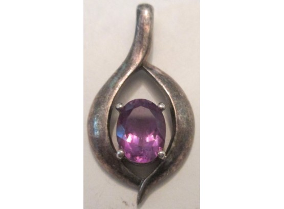 Signed Vintage Drop PENDANT, Faceted AMETHYST Central Stone, Sterling .925 Silver Setting