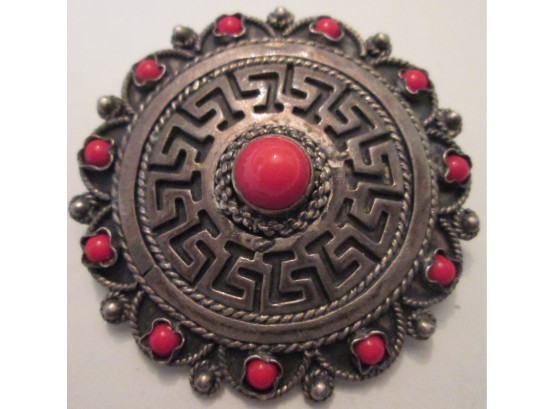 Vintage PENDANT, GREEK KEY Design, Red Cabochon Inserts, Sterling .925 Silver Setting, Made In GREECE