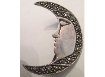 Vintage BROOCH PIN, Celestial Portrait MOON Design, Marcasite Stones, Sterling .925 Silver Setting