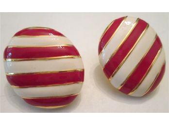 Vintage PAIR Pierced EARRINGS, RED & OFF WHITE Stripes, Gold Tone Base Metal Finish With Backings