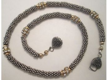 Contemporary Textured BEAD NECKLACE, HEART Closure, Faceted Rhinestones, Sterling .925 Silver Closure