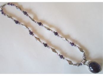 Contemporary DROP NECKLACE With AMETHYST Inset, Beaded, Sterling .925 Silver Clasp