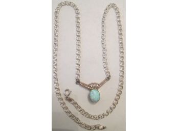 Vintage Modern DROP NECKLACE With OPAL Cabochon Color Insert, Sterling .925 Silver Setting & Chain