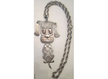Signed ALAN, Vintage Motion NECKLACE With Heavy Chain, PUPPY Moving Eyes Ears & Tail, Silver Tone Base Metal