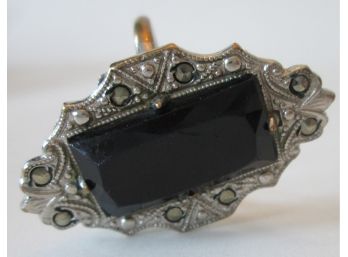 Vintage RING, Faceted BLACK Central Stone, MARCASITE Stones, Silver Tone Base Metal Finish
