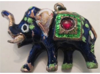 Vintage LUCKY ELEPHANT PENDANT, Trunk Up! Multicolor Decoration With Cabochons, Base Metal Setting