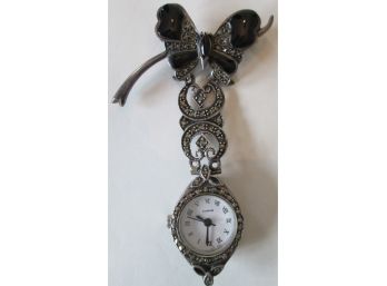 Vintage BUTTERFLY MARIPOSA BROOCH PIN, Sterling .925 Silver, Quartz Watch, Faceted Marcasite Stones