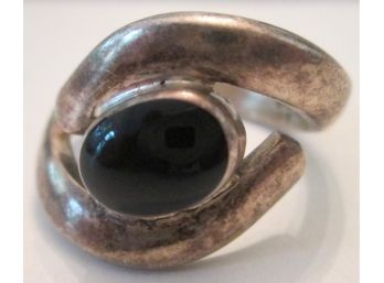 Vintage FREE FORM RING, BLACK ONYX Cabochon Central Stone, Sterling .925 Silver Setting, Made In MEXICO