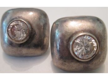 Signed Vintage PAIR Pierced EARRINGS & Backings, Square DOME Shape & Central Rhinestones, Sterling 925 Silver