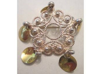 Vintage BROOCH PIN, Sterling .925 Silver FILIGREE Setting With Gold Tone Paillettes, Beautifully Crafted