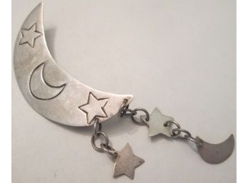 Signed, Vintage BROOCH PIN, MOON & STARS Design, Sterling .925 Silver Setting, Made In MEXICO
