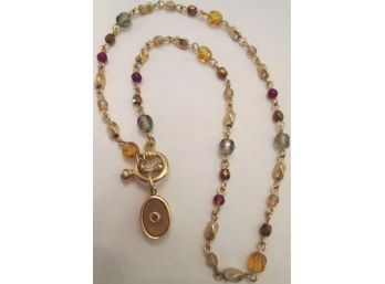Contemporary DROP PENDANT NECKLACE With Faceted Beads & Central Stone, Gold Tone Base Metal Finish
