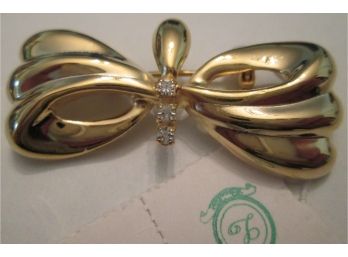 Vintage BUTTERFLY BOW BROOCH PIN, Crystal Clear RHINESTONES, GoldTone Base Metal Finish