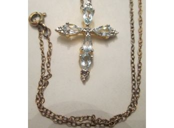 Vintage Pendant NECKLACE, CROSS Set With Rhinestones, Sterling .925 Silver Setting, Base Metal Chain