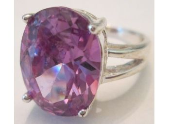 Contemporary Cocktail RING, Oval Cut Faceted PURPLE Central Stone, Cutout Silver Tone Base Setting