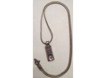 Vintage Modern DROP NECKLACE With 3 Purple Inserts, Sterling .925 Silver Setting, Made In ITALY