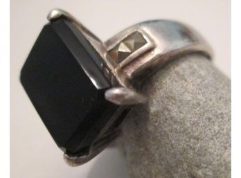 Vintage RING, Emerald Cut Faceted BLACK Central Stone, MARCASITE Stones, Sterling .925 Silver Setting