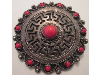 Vintage PENDANT, GREEK KEY Design, Red Cabochon Inserts, Sterling .925 Silver Setting, Made In GREECE