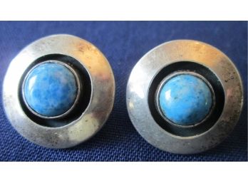Signed EMT Everett Mary Teller Vintage PAIR Pierced EARRINGS, Turquoise Cabochons, Sterling 925 Silver Setting