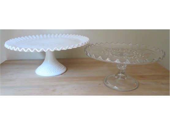 Set Of 2! Vintage PRESSED GLASS, Footed COMPOTE CAKE STAND PLATEAU, Milk Glass & Crystal Clear