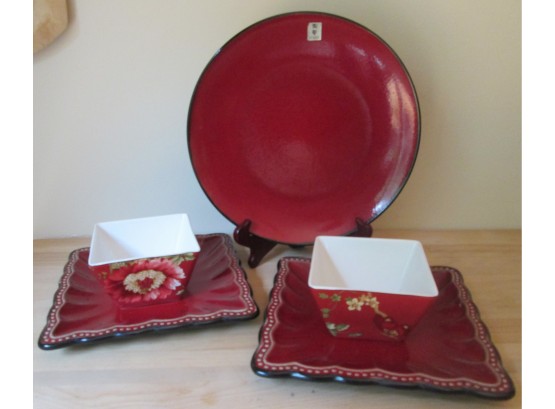 Signed 5 PIECE Grouping! Vintage RED Dinnerware & Occasional Pieces