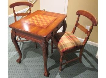 Vintage GAME TABLE With 2 CHAIRS, CHESS & BACKGAMMON Boards & Pieces, Wood Construction
