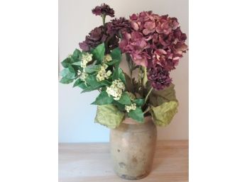 Rustic Tabletop Faux FLORAL ARRANGEMENT, Hydrangea Blooms, CROCK Vase Container, CLEAN
