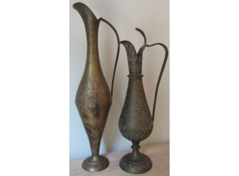 SET Of 2! Vintage Imported BRASS EWERS Or PITCHERS, Decorative Objects Or Vases, Incised Design, Made In INDIA