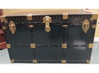Vintage Travel TRUNK, Hinged Top, Brass Plated Reinforcements, Solid Construction, Great Clean Storage