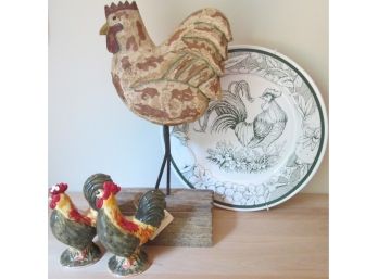 4 Piece LOT Of ROOSTER Inspired Decor, Salt & Pepper, Plate, JAMES HADDEN Carving