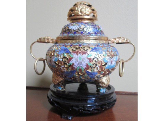 Vintage ASIAN INCENSE BURNER, Colorful CLOISONNE Hand Decorated, With Carved WOOD Stand