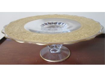 Vintage Pedestal Serving CAKE PLATE, Crystal Clear Glass With GOLD Decoration