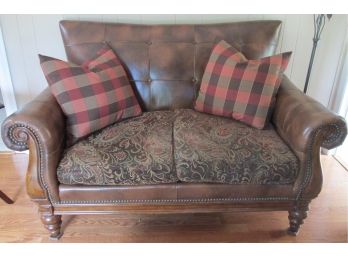 Contemporary Faux Leather & Paisley Upholstered 62' LOVESEAT, Plaid Accent Pillows