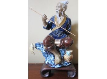 Vintage CHINESE MUD MAN, Hand Painted FISHERMAN Figurine With Pole & Fish, 8 3/4' Size