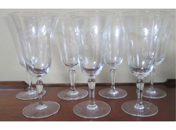SET OF 7! Vintage ETCHED WINE GLASS STEMS, Crystal Clear