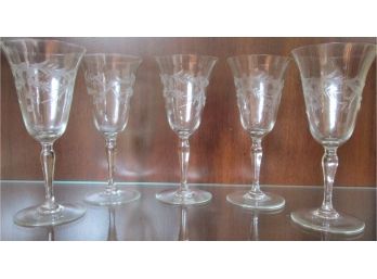 SET OF 5! Vintage ETCHED WINE GLASS STEMS, Crystal Clear