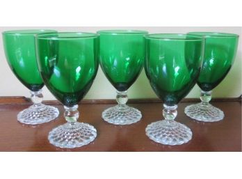 SET OF 5! Vintage FOREST GREEN WINE GLASS STEMS, Crystal Clear Bubble Base
