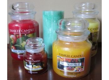 LOT Of 5 CANDLES, 4 Scented YANKEE CANDLE Brand, Green Pillar Candle, New Unused